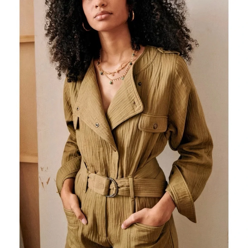 Sezane Linen-Blend Hailey Long-Sleeve Jumpsuit